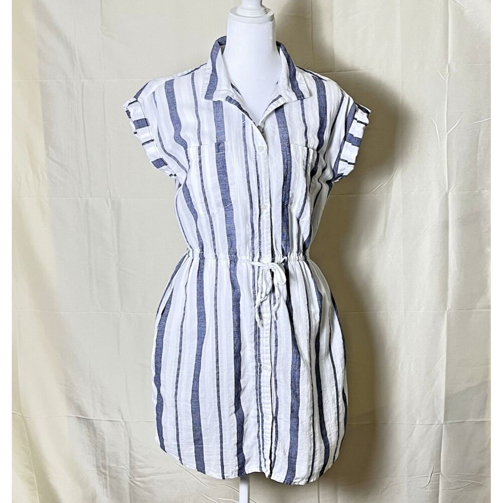 Japna Handmade India M White Blue Striped Shirt Dress 100% Cotton Pockets